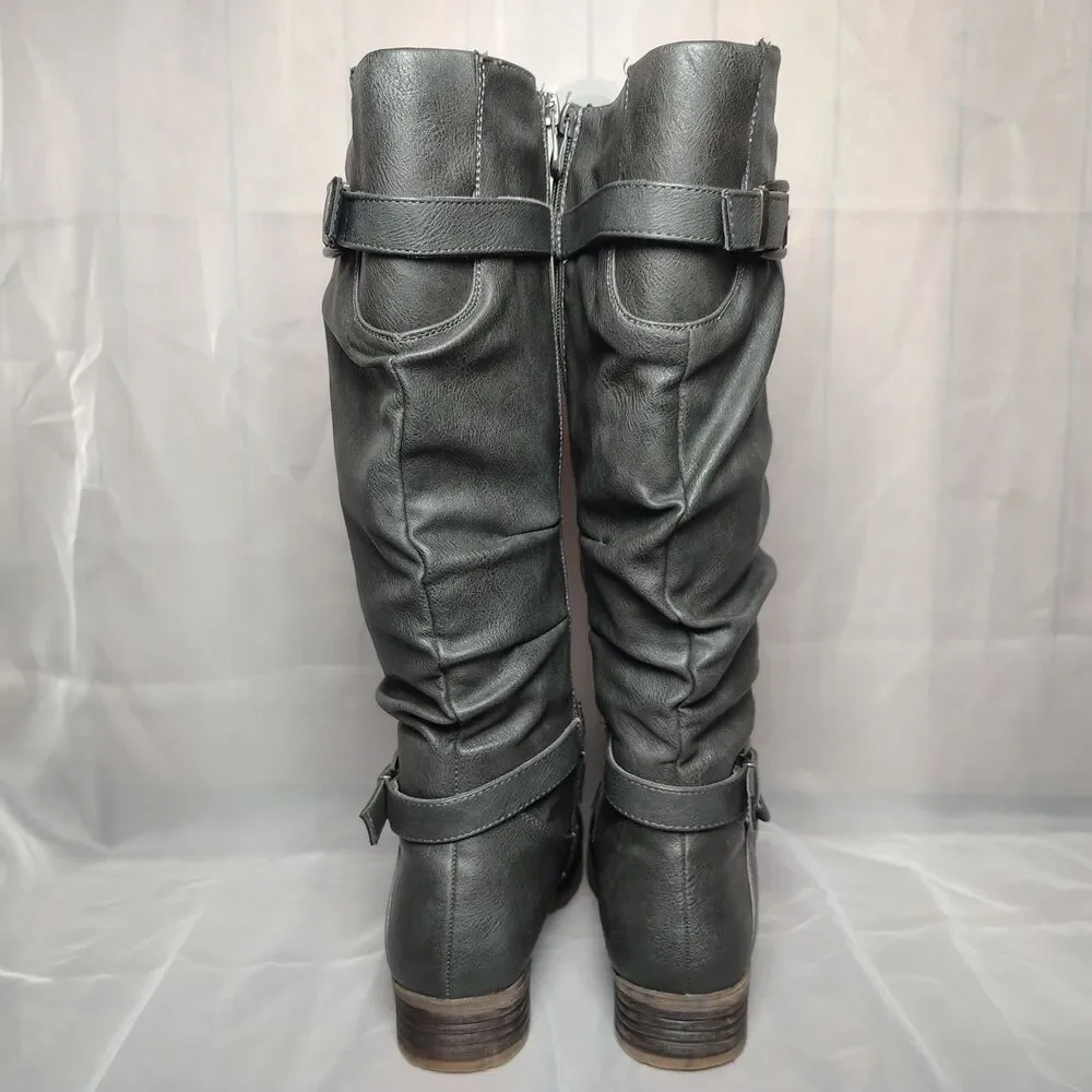 Kadi Maya Charcoal Gray Faux Leather Slouchy Zip Up Knee High Riding Boots sz 8